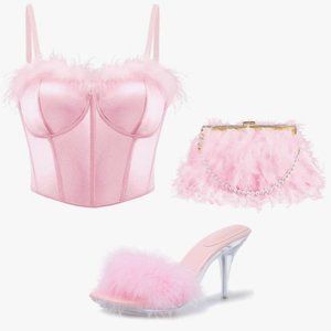 NWT Beautiful Matching Barbie Pink Feather Bustier Purse Shoes Sweater S…